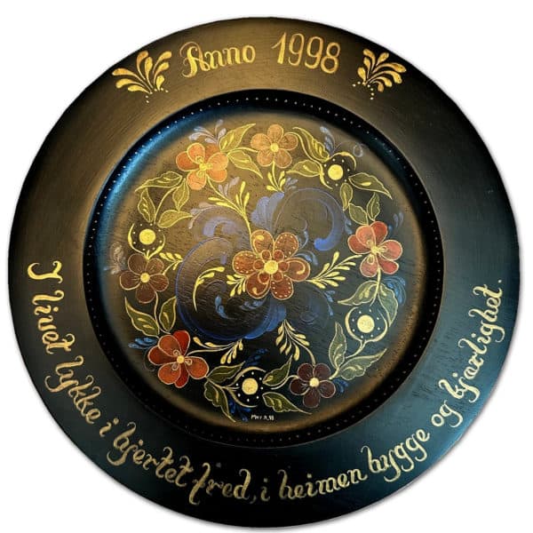 Black Norwegian Wooden Rosemaling Plate