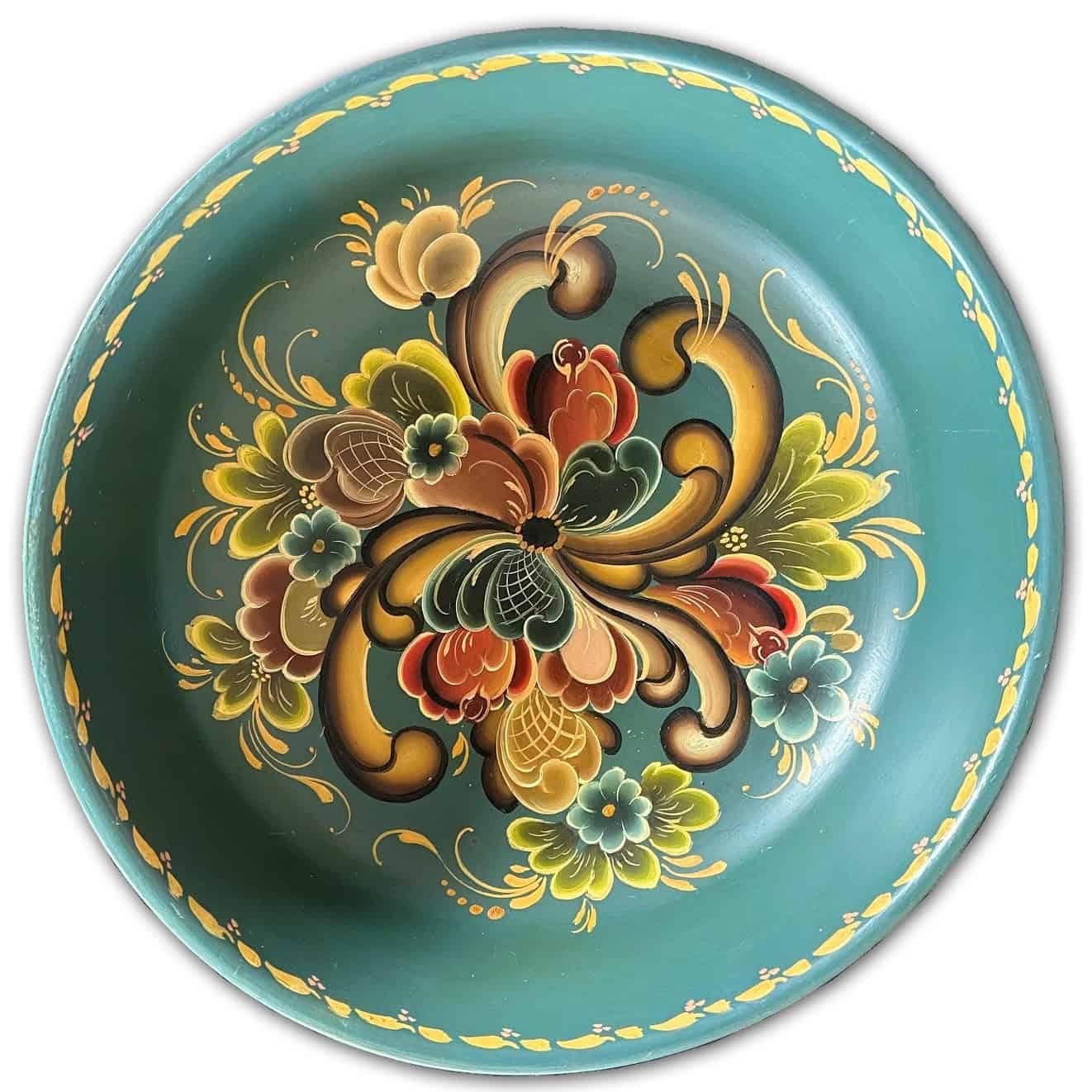 Wooden Aqua Rosemaling Bowl - Image 3